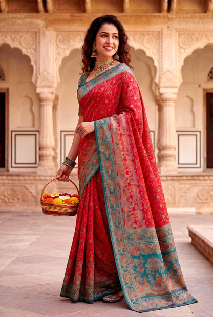 Eclat Red Pashmina Silk Saree With Fantabulous Blouse Piece
