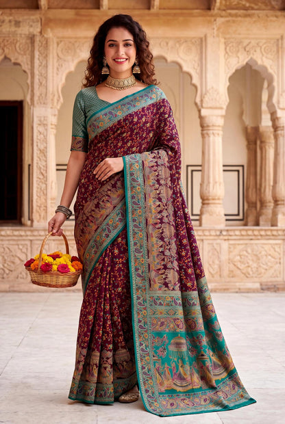 Magnetic Wine Pashmina Silk Saree With Prominent Blouse Piece