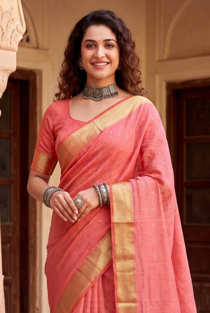 Intricate Peach Zari Weaving Linen Silk Saree With Improbable Blouse Piece