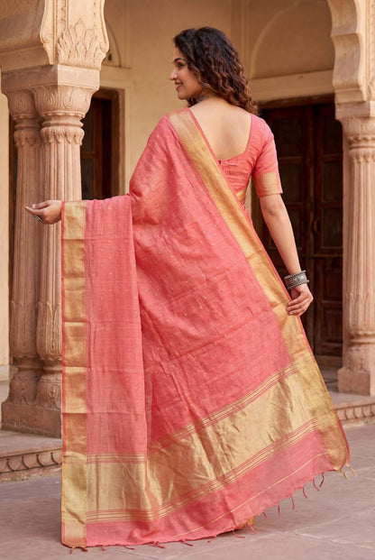 Intricate Peach Zari Weaving Linen Silk Saree With Improbable Blouse Piece