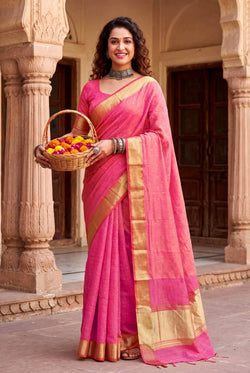 Intricate Pink Zari Weaving Linen Silk Saree With Improbable Blouse Piece