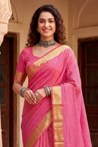 Intricate Pink Zari Weaving Linen Silk Saree With Improbable Blouse Piece