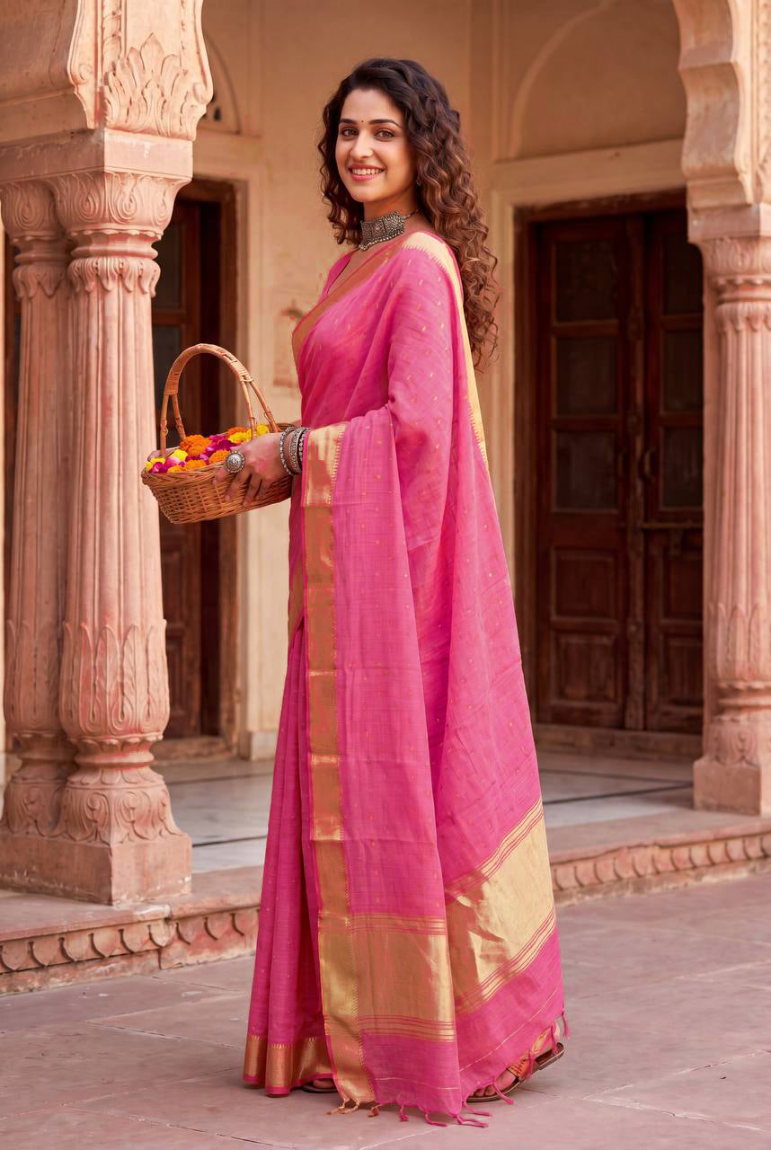Intricate Pink Zari Weaving Linen Silk Saree With Improbable Blouse Piece