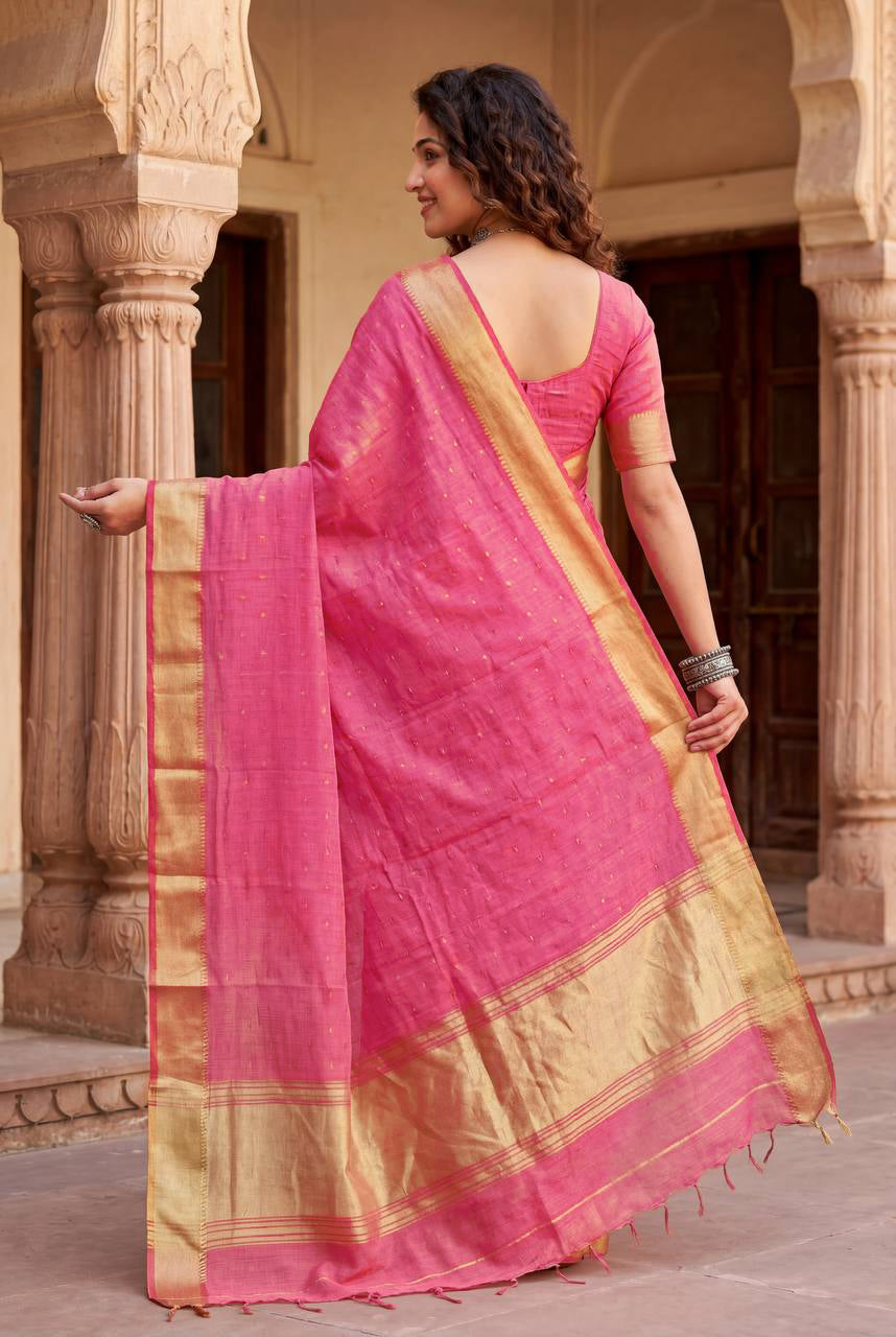 Intricate Pink Zari Weaving Linen Silk Saree With Improbable Blouse Piece