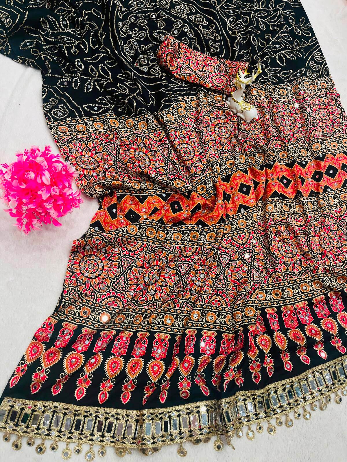 Ravishing Black Ajrakh Printed Mirror Work Satin Silk Saree With Incomparable Blouse Piece