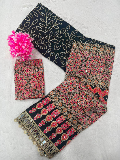 Ravishing Black Ajrakh Printed Mirror Work Satin Silk Saree With Incomparable Blouse Piece