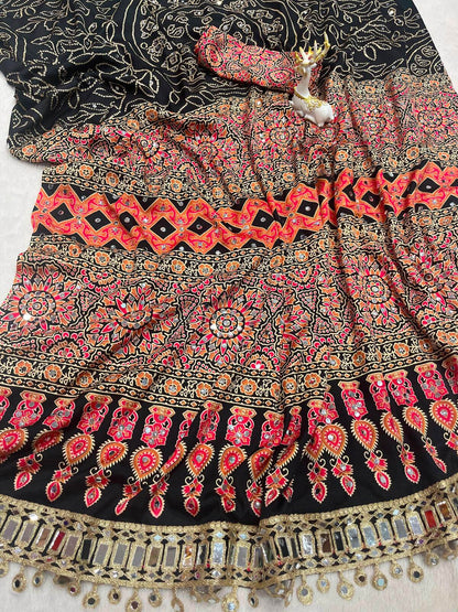 Ravishing Black Ajrakh Printed Mirror Work Satin Silk Saree With Incomparable Blouse Piece