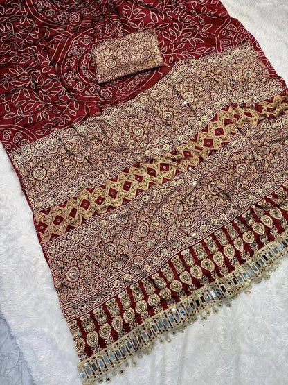 Ephemeral Wine Ajrakh Printed Mirror Work Satin Silk Saree With Piquant Blouse Piece