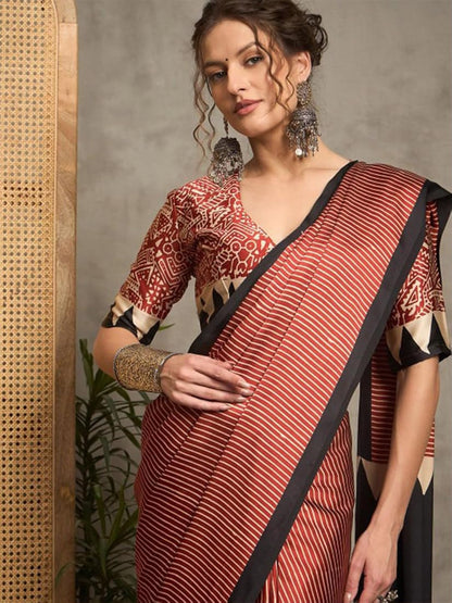Majesty Pink Ajrakh Printed Satin Silk Saree With Enigmatic Blouse Piece