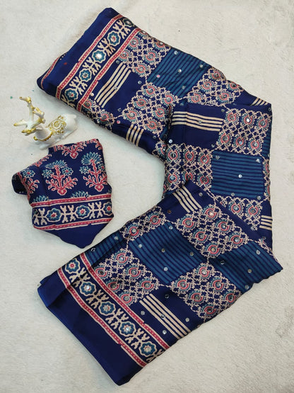 Profuse Blue Ajrakh Printed Mirror Work Satin Silk Saree With Exquisite Blouse Piece