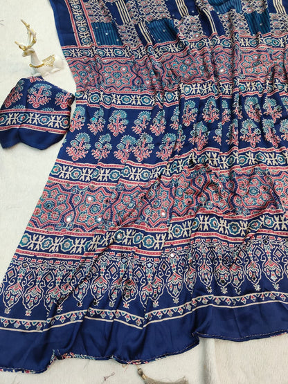 Profuse Blue Ajrakh Printed Mirror Work Satin Silk Saree With Exquisite Blouse Piece