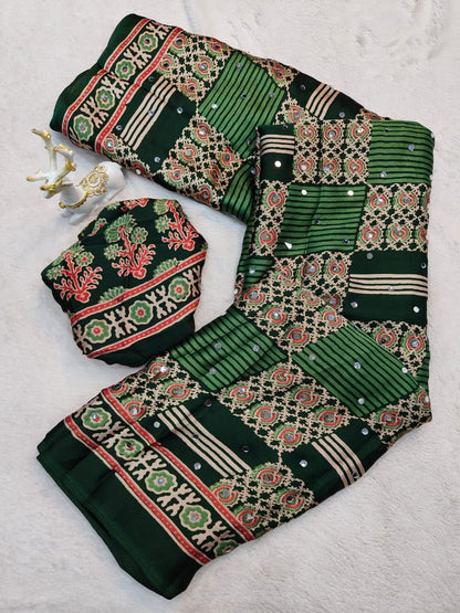 Brood Dark Green Ajrakh Printed Mirror Work Satin Silk Saree With Effulgent Blouse Piece
