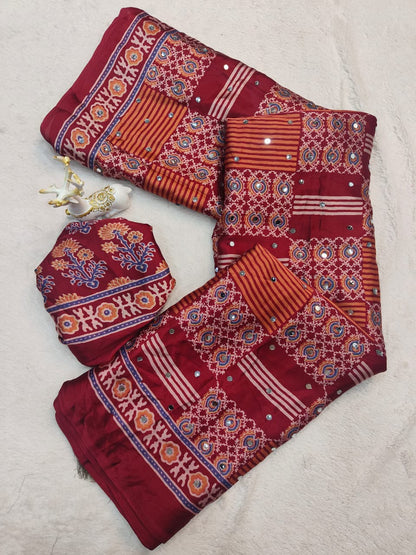 Majestic Maroon Ajrakh Printed Mirror Work Satin Silk Saree With Dazzling Blouse Piece