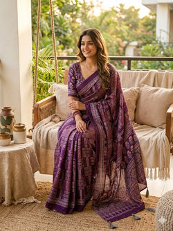 Girlish Purple Ajrakh Printed Mirror Work Satin Silk Saree With Glowing Blouse Piece
