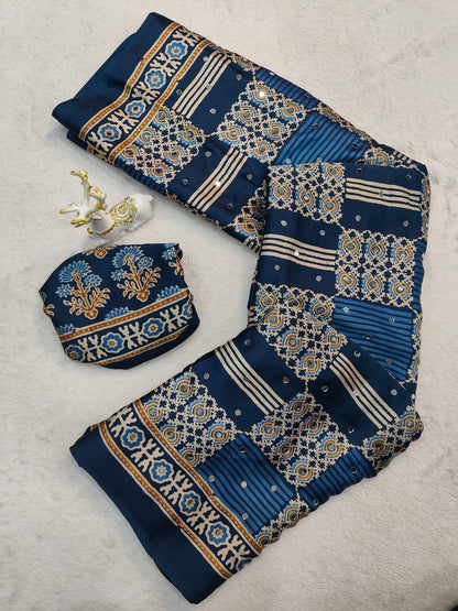 Entrancing Rama Ajrakh Printed Mirror Work Satin Silk Saree With Incredible Blouse Piece