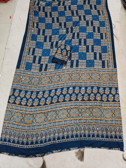 Entrancing Rama Ajrakh Printed Mirror Work Satin Silk Saree With Incredible Blouse Piece