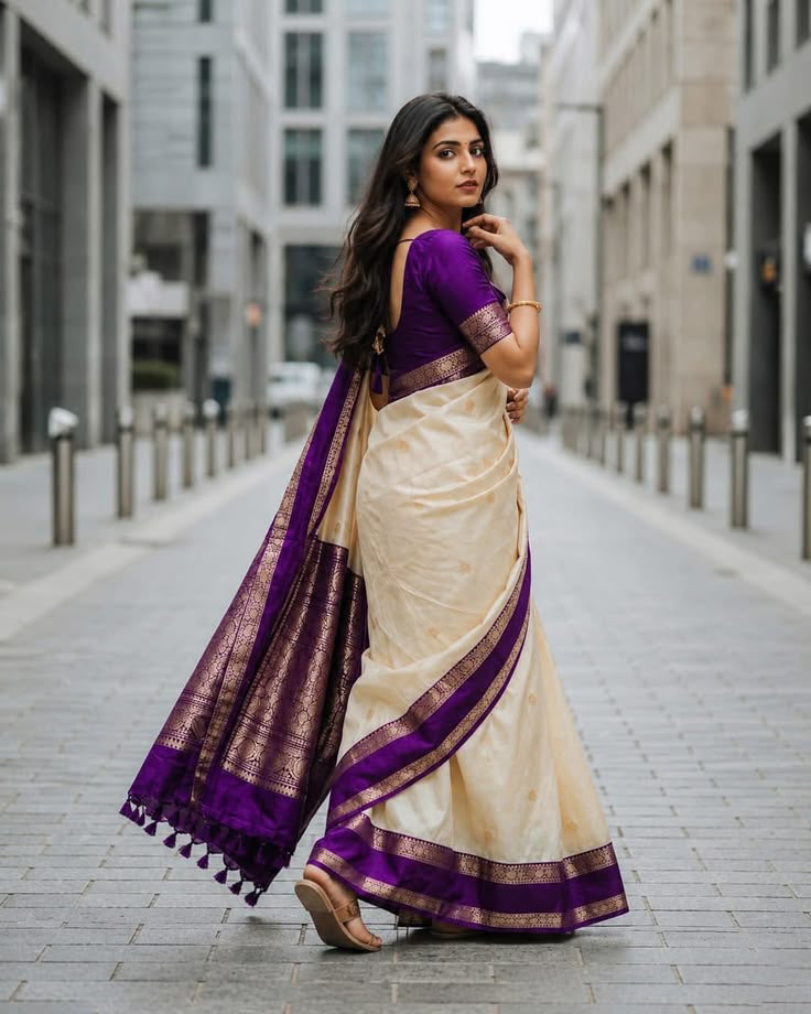 Ebullience Beige Pure Banarasi Silk Saree With Chatoyant Blouse Piece
