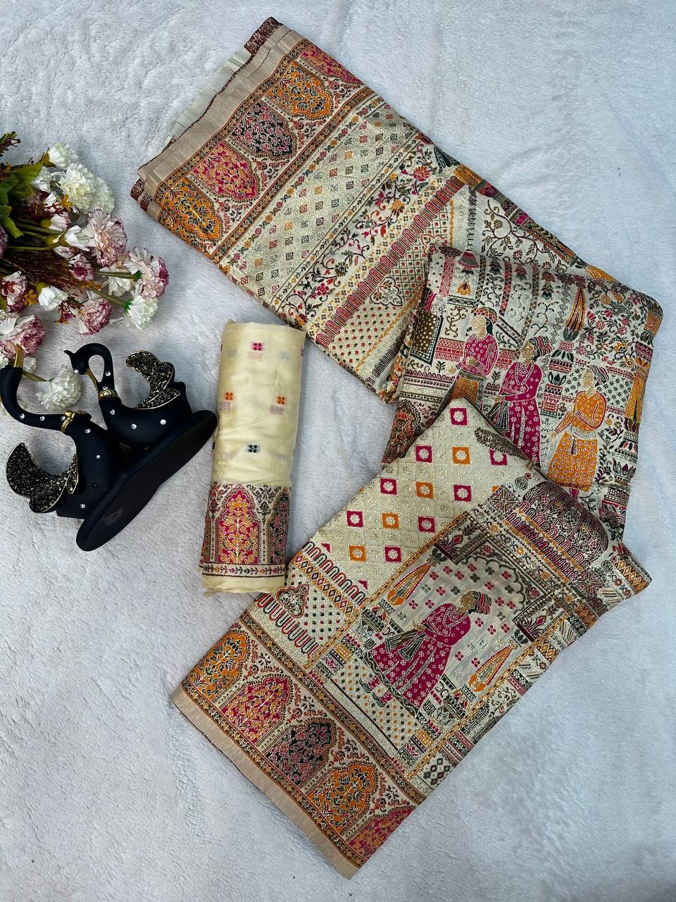 Ornate Beige Dola Pashmina Saree With Prominent Blouse Piece