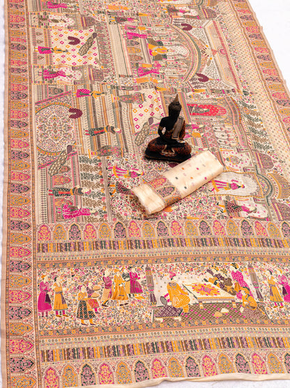 Ornate Beige Dola Pashmina Saree With Prominent Blouse Piece