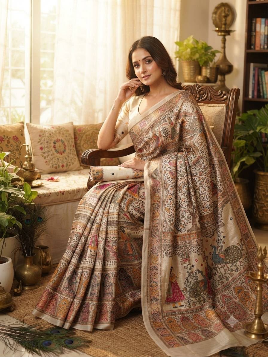 Ornate Beige Dola Pashmina Saree With Prominent Blouse Piece