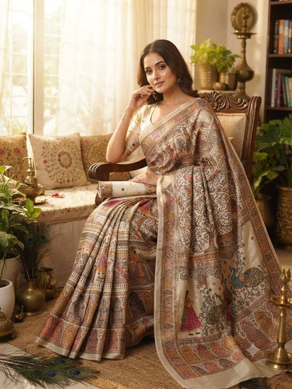 Ornate Beige Dola Pashmina Saree With Prominent Blouse Piece