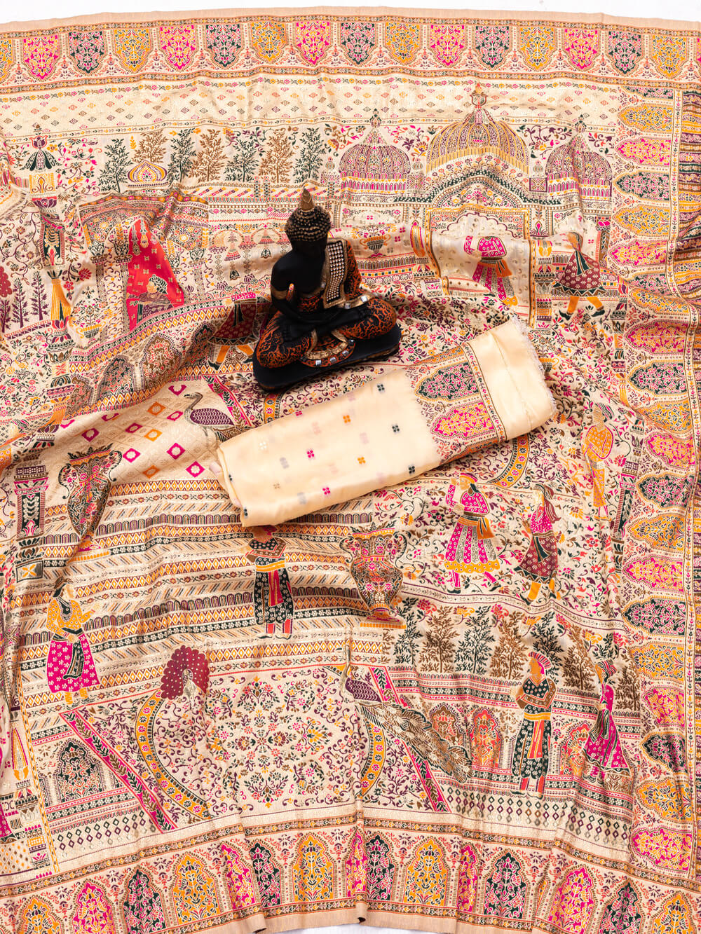 Ornate Beige Dola Pashmina Saree With Prominent Blouse Piece