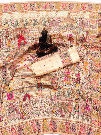 Ornate Beige Dola Pashmina Saree With Prominent Blouse Piece