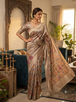 Ornate Beige Dola Pashmina Saree With Prominent Blouse Piece