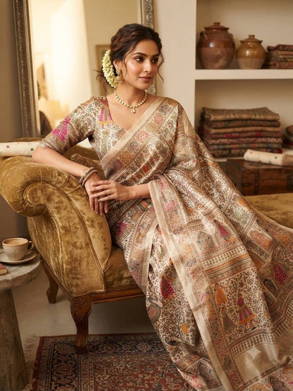 Ornate Beige Dola Pashmina Saree With Prominent Blouse Piece
