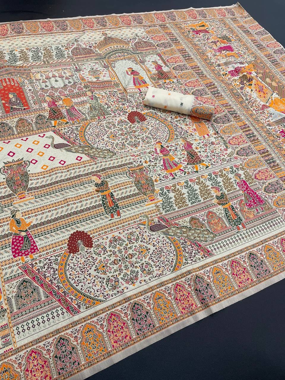 Ornate Beige Dola Pashmina Saree With Prominent Blouse Piece