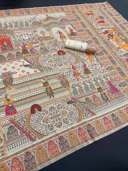 Ornate Beige Dola Pashmina Saree With Prominent Blouse Piece