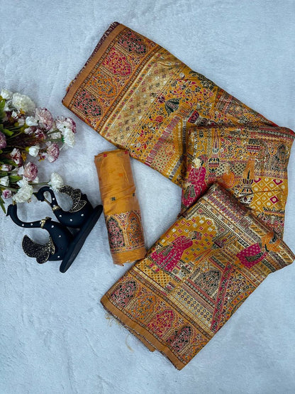 Flattering Yellow Dola Pashmina Saree With Supernal Blouse Piece