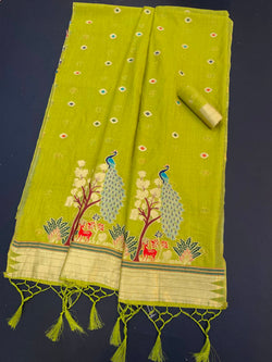 Desultory Green Pure Munga Cotton Silk Saree With Enticing Blouse Piece