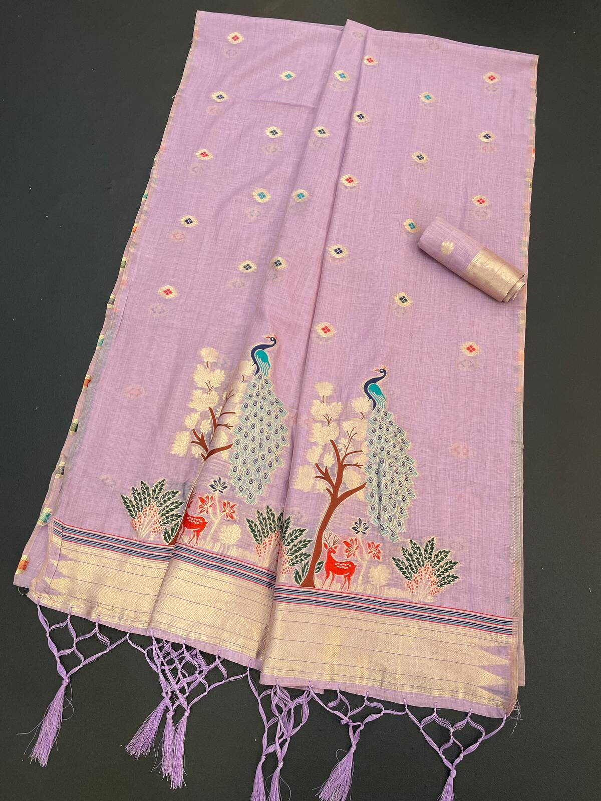 Alluring Lavender Pure Munga Cotton Silk Saree With Felicitous Blouse Piece