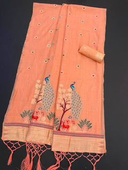 Moiety Peach Pure Munga Cotton Silk Saree With Enigmatic Blouse Piece