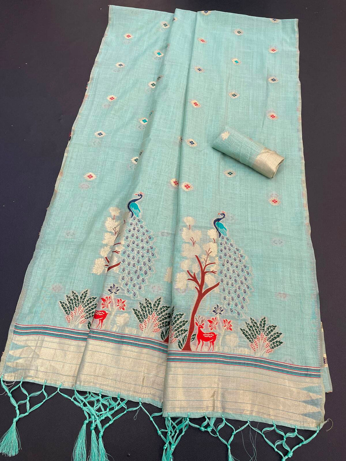 Radiant Sky Pure Munga Cotton Silk Saree With Vestigial Blouse Piece