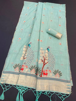 Radiant Sky Pure Munga Cotton Silk Saree With Vestigial Blouse Piece
