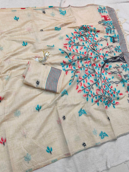 Vivacious Beige Pure Munga Cotton Silk Saree With Breathtaking Blouse Piece
