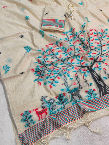 Vivacious Beige Pure Munga Cotton Silk Saree With Breathtaking Blouse Piece