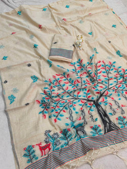 Vivacious Beige Pure Munga Cotton Silk Saree With Breathtaking Blouse Piece