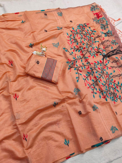 Resplendent Peach Pure Munga Cotton Silk Saree With Flamboyant Blouse Piece