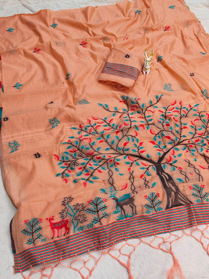 Resplendent Peach Pure Munga Cotton Silk Saree With Flamboyant Blouse Piece