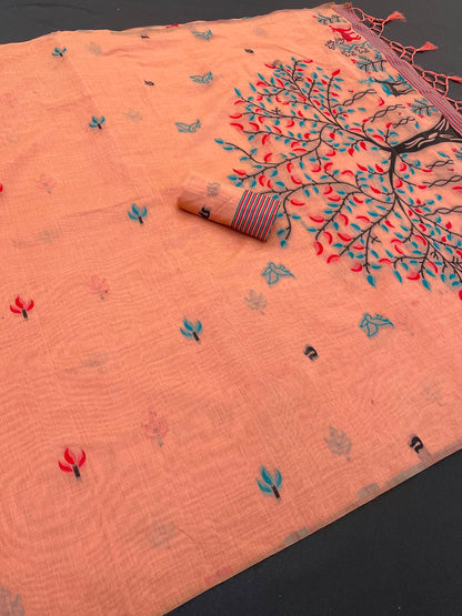 Resplendent Peach Pure Munga Cotton Silk Saree With Flamboyant Blouse Piece