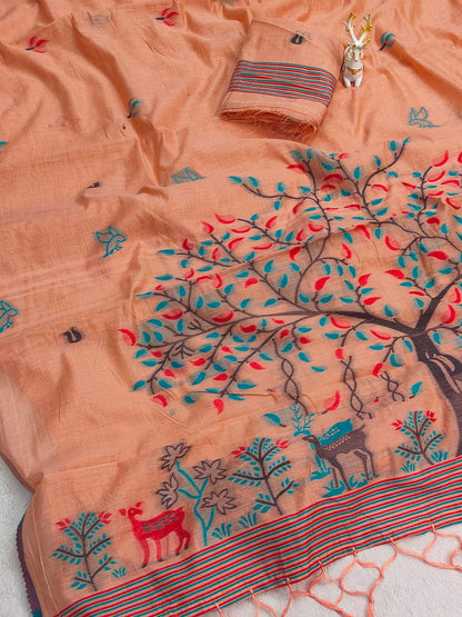 Resplendent Peach Pure Munga Cotton Silk Saree With Flamboyant Blouse Piece