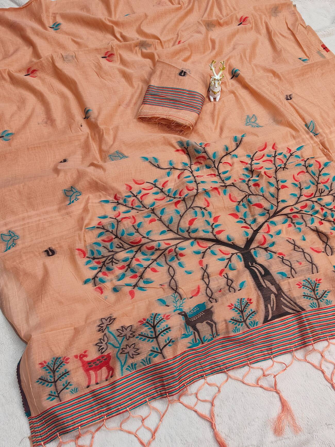 Resplendent Peach Pure Munga Cotton Silk Saree With Flamboyant Blouse Piece