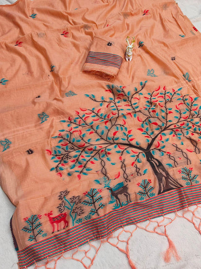 Resplendent Peach Pure Munga Cotton Silk Saree With Flamboyant Blouse Piece