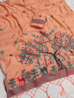 Resplendent Peach Pure Munga Cotton Silk Saree With Flamboyant Blouse Piece