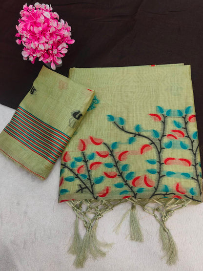 Fantabulous Pista Pure Munga Cotton Silk Saree With Marvellous Blouse Piece