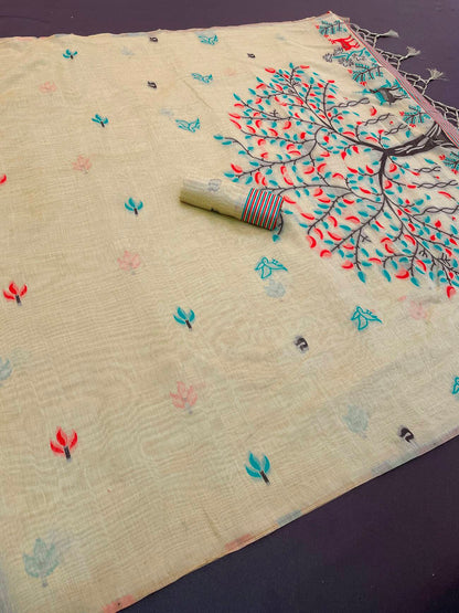 Fantabulous Pista Pure Munga Cotton Silk Saree With Marvellous Blouse Piece