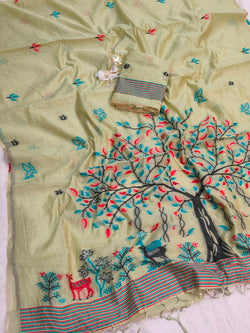Fantabulous Pista Pure Munga Cotton Silk Saree With Marvellous Blouse Piece